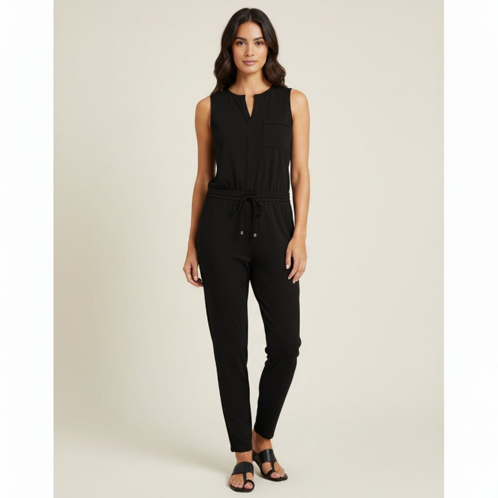 Judith & Charles Womens Medium Sleeveless Drawstring Button Jumpsuit In Black